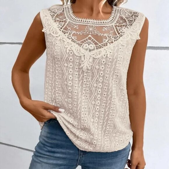 Cream Boho Embroidered Lace Knit Tunic Tank‎ Top Cut Out Sleeveless Shirt Blouse - Picture 1 of 7